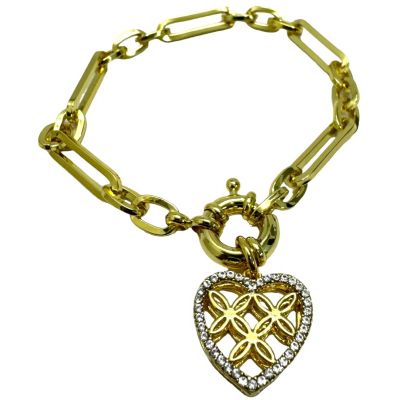 Heart Paper Clip Link Gold Bracelet